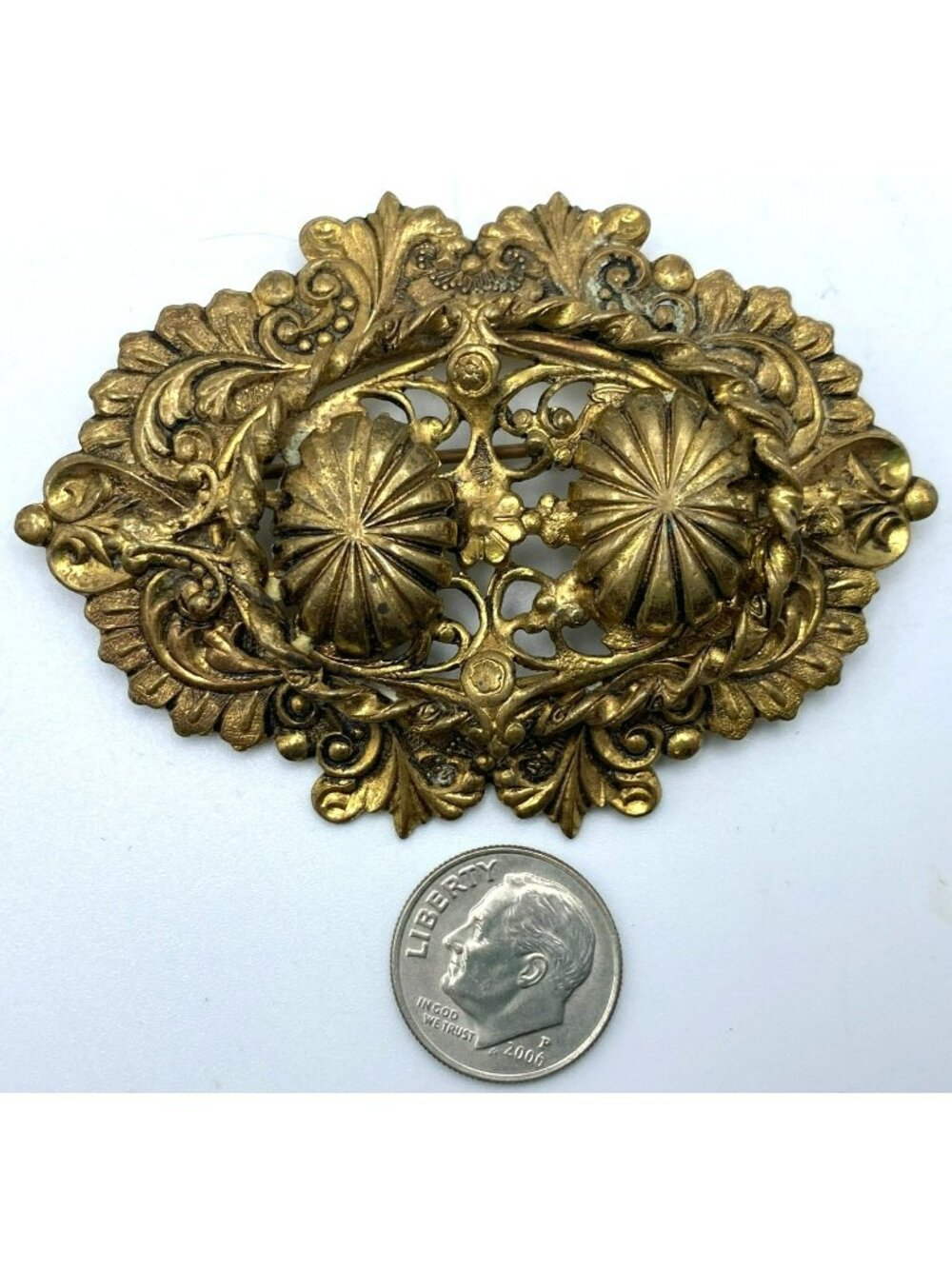 Victorian Brass Sash Brooch Pin LARGE Art Nouveau Floral Flowers MARKED! - Picture 8 of 8